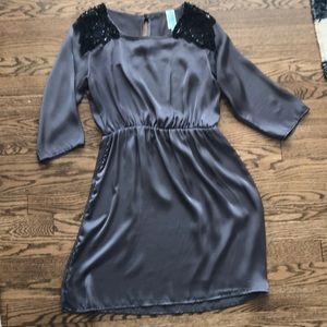 Grey satin dress with lace and beading on shoulder